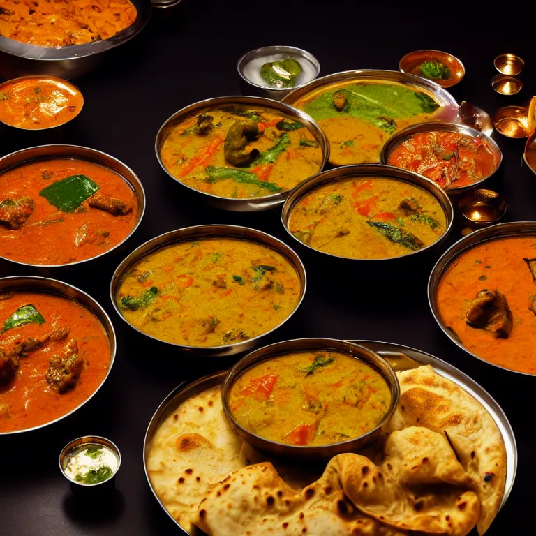Prompt: close - up focused dslr photograph of an indian dinner, 8 k, high detail, volumetric lighting, hyperrealism, aesthetically pleasing, studio lighting, trending