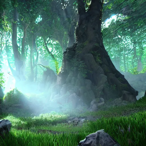 Image similar to warrior cats forest, unreal engine, cliff, cool, vines, sunrays