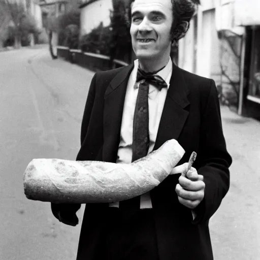 Prompt: a frenchman with a baguette and a bottle of wine in 1 9 9 0