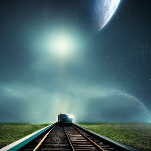 Image similar to inter dimensional sci - fi train far future, travelling across the stars, cosmos, galaxy, 8 k,