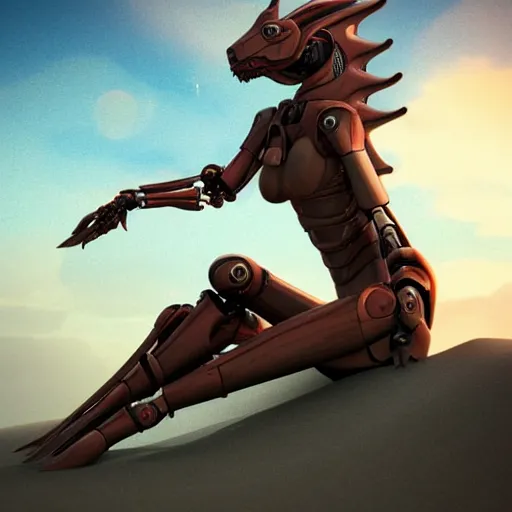 Image similar to high quality realistic shot of a beautiful and stunning anthropomorphic female robot dragon, sitting on the beach at night, high quality digital art, 3D, artstation, deviantart, furaffinity