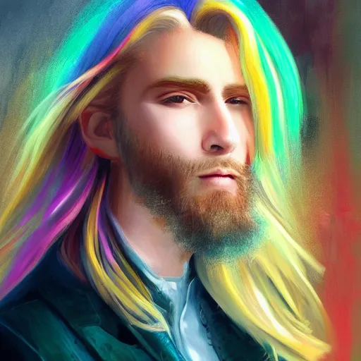 Image similar to colorful painting of a man with long blond hair with no beard with a propellermutze, matte painting, trending on art station, ultra - detailed, hq