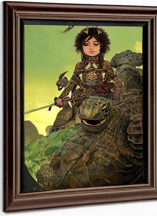 Image similar to portrait of a little warrior girl character sitting on top of a giant armored turtle in the desert, epic character with dark skin and beautiful green eyes. the girl has a very beautiful detailed symmetrical face, long black hair. the turtle has a big wise face and closed eyes, diffuse night light, dramatic landscape, fantasy illustration by mucha