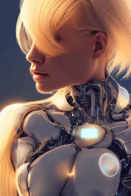 Image similar to a beautiful woman with blonde hair wearing robot suit with wires and light, highly detailed, photorealistic, artstation, smooth