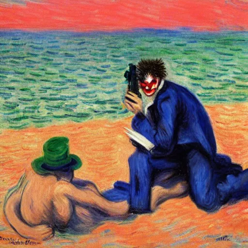 Image similar to a joker and a armed robber chilling on ipanema beach by monet