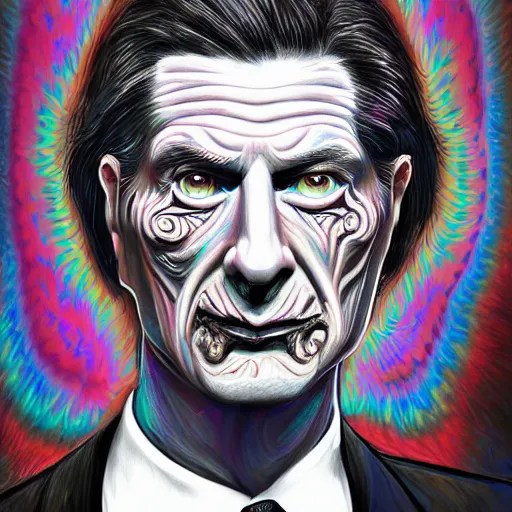 Prompt: an extremely psychedelic portrait of vince mcmahon, surreal, lsd, face, detailed, intricate, horror, elegant, lithe, highly detailed, digital painting, artstation, concept art, smooth, sharp focus, scary, illustration