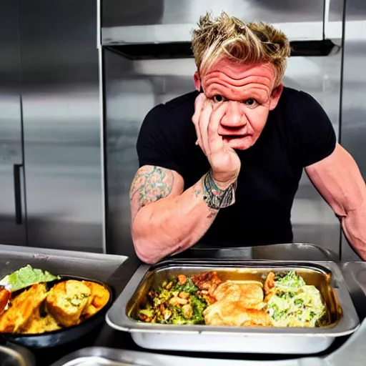 Image similar to gordon ramsay eating the food from the trash