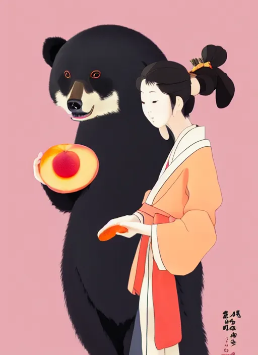 Image similar to painting of a girl wearing a kimono giving a peach to an anthropomorphic asian black bear, featured in artstation, octane render, cinematic, elegant, intricate, 8 k, close up, in the style of studio ghibli and heikala and most famous japanese artists,