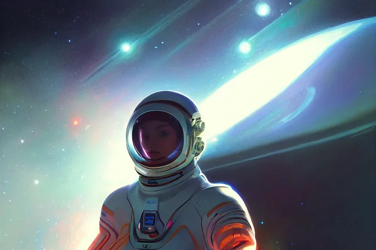 Image similar to Portrait of a Futuristic reflective spacesuit visor mirror spacesuit reflecting a nebula supernova in space, portrait, elegant, intricate, digital painting, artstation, concept art, smooth, sharp focus, illustration, art by artgerm and greg rutkowski and alphonse mucha