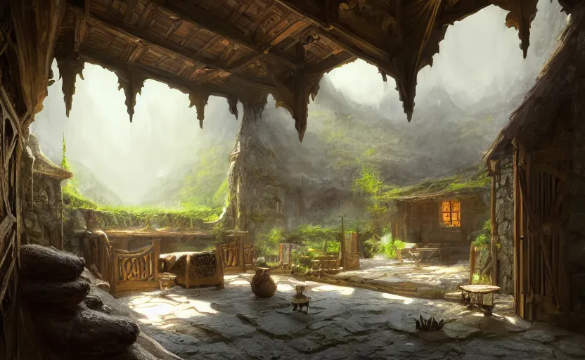 Image similar to painting of a series of opposing living quarters overlooking a greatroom carved inside a mountain, lush garden with hot spring between, cozy bed, well maintained, clean, medieval, fantasy genre, natural light, fantasy, natural light, concept art, by greg rutkowski and craig mullins, cozy atmospheric and cinematic lighting, trending on artstation