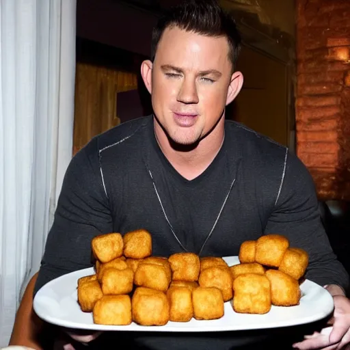 Prompt: channing tatum has a giant tater tot head, tater tot on plate, food photo