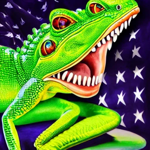 Prompt: president trump is a smiling laughing bright green lizard person, airbrush painting, epic scale, lens flare, glittering popsicle, hyper detailed, 8 k.