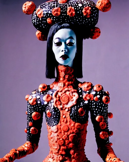 Prompt: portrait of a skinny punk goth yayoi kusama wearing armor by simon bisley, john blance, frank frazetta, fantasy, thief warrior, floral flowers colorful coral porcelain