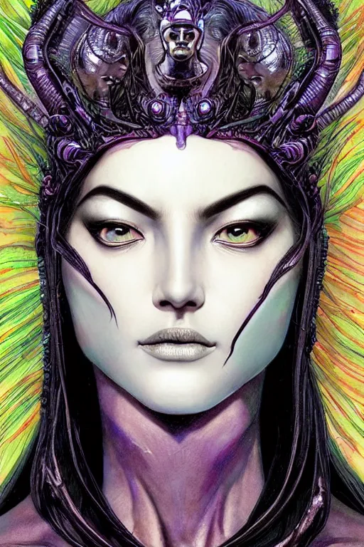 Image similar to a beautiful exotic other-worldly alien queen bust portrait, with confident twinkling eyes, extremely detailed frontal declotage and thick flowing hair, perfectly symmetrical facial features and muscle anatomy, ultradetailed art and illustration, aquiline facial features and primordial beauty, by bill sienkiewicz and chris bachalo and travis charest, fantasy, intricate complexity, asian and native american facial structure, accurate human anatomy mixed with hyper-evolved alien characteristics, sci-fi character concept, mixed media, splatter, bleed, hyperrealism 8k