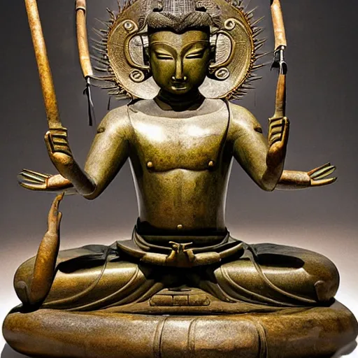 Prompt: a massive bronze statue of a mythical japanese destruction god, meditating, symbols and amulets, goman fire ritual, shingon esoteric