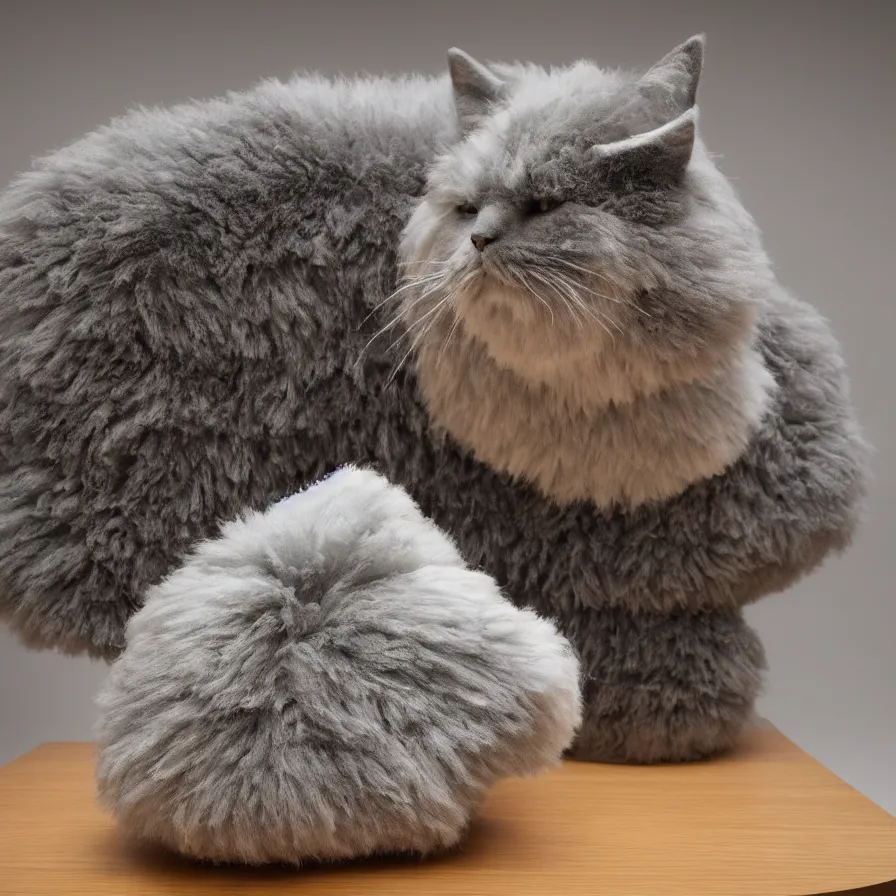 Prompt: beautiful gallery show studio photograph of a giant realistic ceramic sculpture of a fluffy cat, glazed by bridget riley and victor vasarely, placed on a polished wooden table, colorful hyperrealism 8 k trending on artstation