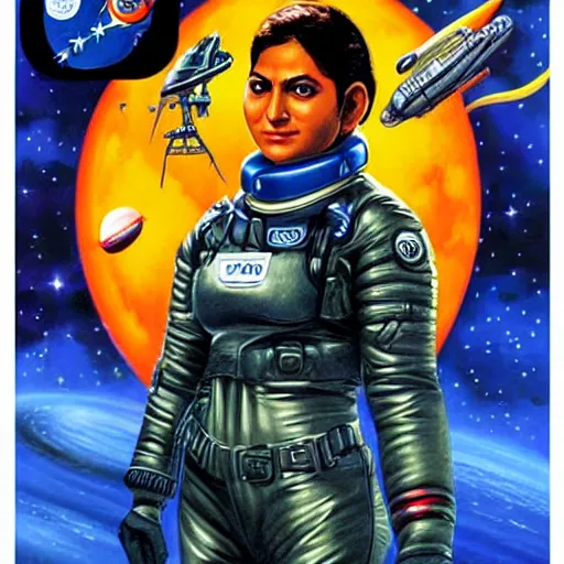 Prompt: a female space cadet from india, resting after a hard mission, happily tired, sci fi character portrait by Jason Edmiston