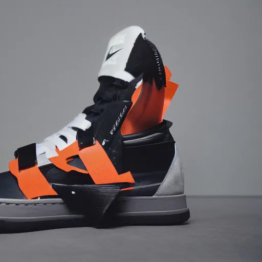 Image similar to a studio photoshoot of A Nike ACG sneaker designed by Virgil Abloh, leather and suede, Off-White, realistic, color film photography by Tlyer Mitchell, 35 mm, graflex