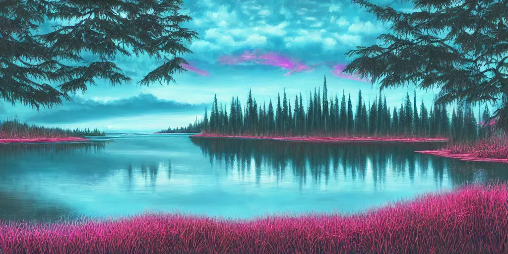 Image similar to beautiful award winning synthwave painting of a canadian lake, extreme detail, digital art, 4 k, ultra hd