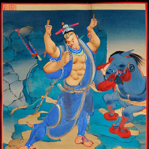 Image similar to muscular genie with blue skin covered in oil in Style of korean traditional folktale painting by Shin Yun-bok; Sin Yun-bok ; 8k resolution