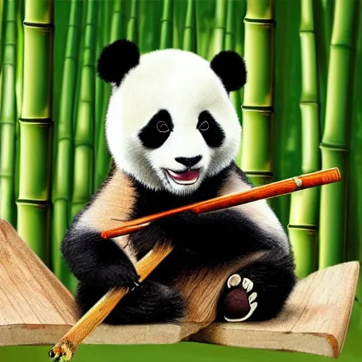 Image similar to a cute panda playing wooden flute in a bamboo forest