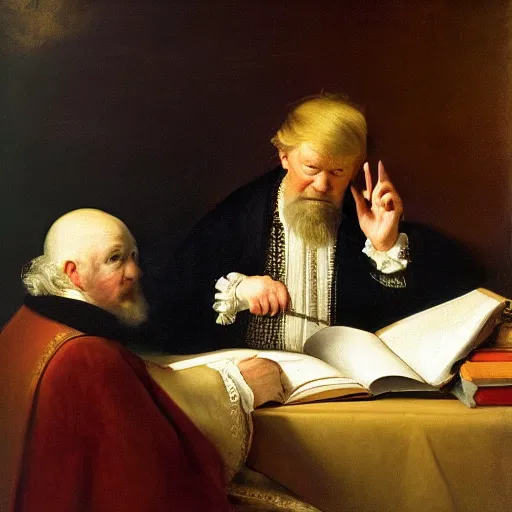 Prompt: Donald Trump writing the vulgate, painted by Rembrandt and Sargent-S 2195413198