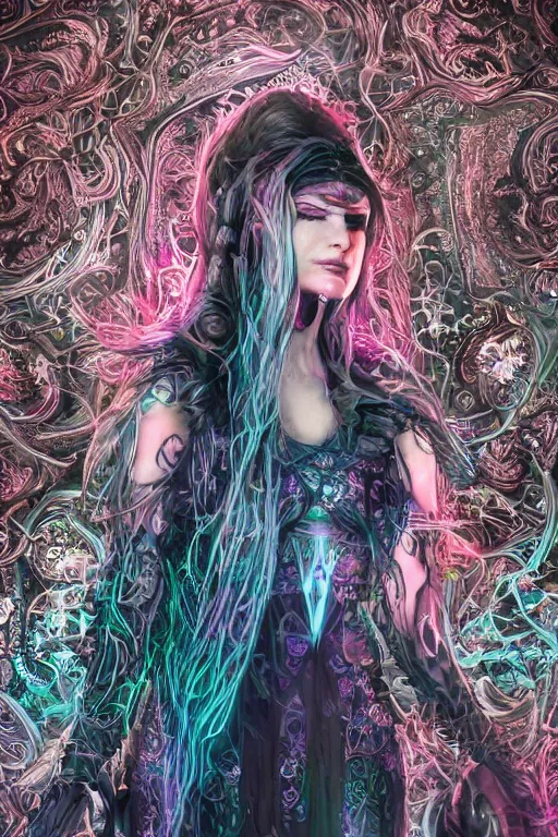 Prompt: highly detailed, digital painting of a beautiful arcane witch in a dark intricate ornate fractal-lace and gemstones facial mask, wearing a stunning silky bio-luminiscent neon-noir cyberpunk dress, pastel colors palette, full view, soft lighting, vivid, Hyperdetailed, 4k hd matte painting, 8k resolution, enchanting and otherworldly, detailed, front view, Gsociety, trending on ArtstationHQ, dreamscape maximized.