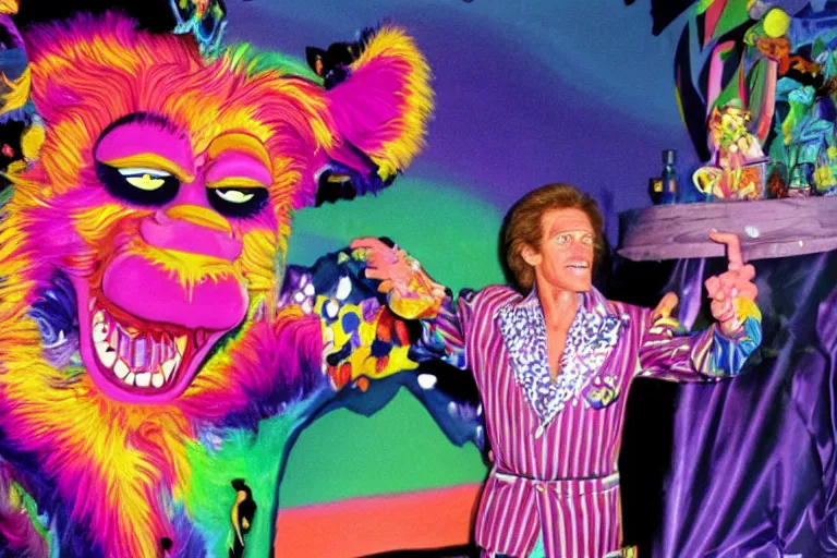 Image similar to lisa frank painting of willem dafoe at showbiz pizza 1 9 8 9