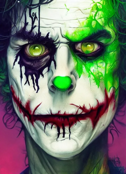 Prompt: a Demon Slayer portrait of The Joker, tall, pale-skinned, slender with lime green eyes and long eyelashes by Stanley Artgerm, Tom Bagshaw, Arthur Adams, Carne Griffiths, trending on Deviant Art, street art, face enhance, chillwave, maximalist, full of color, glittering