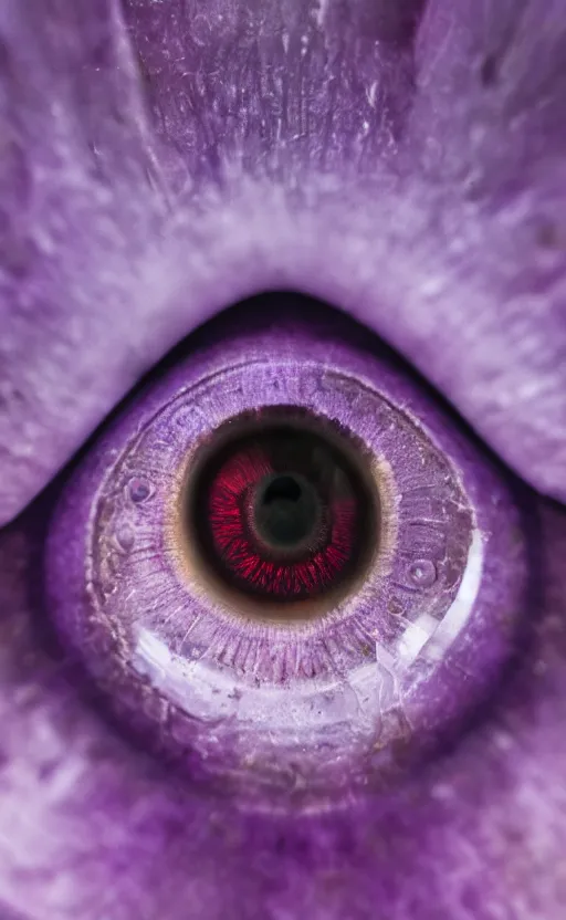 Image similar to macro shot, close-up of a purple squid eye, intricate iris, ultrarealistic, highly detailed, octane render, ray tracing