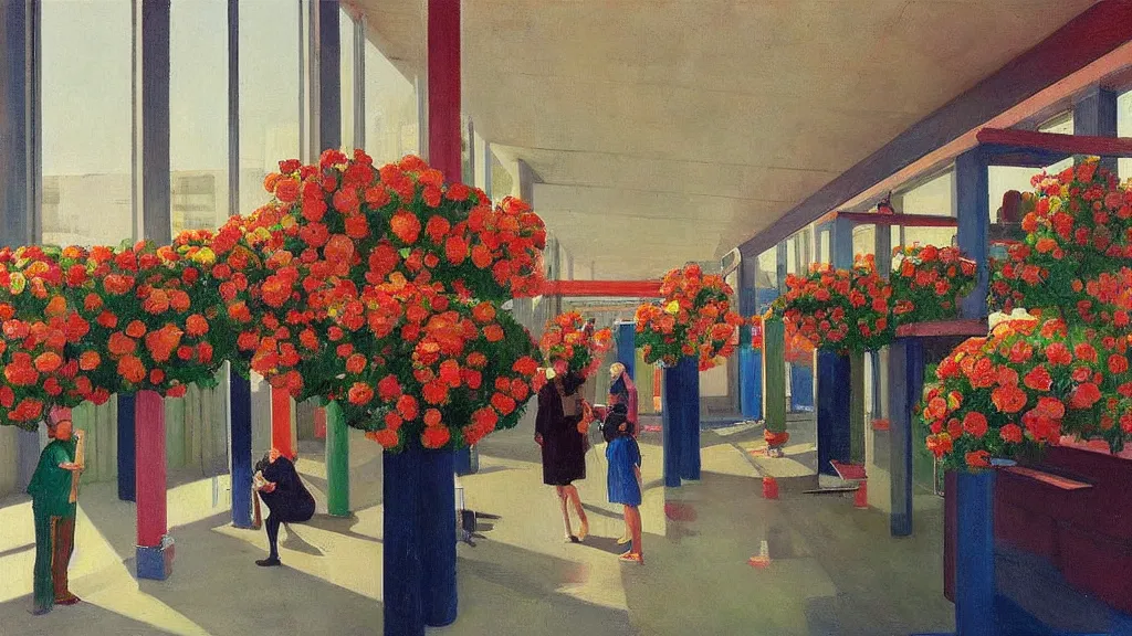 Image similar to seeral people waiting in bus stop with colorful minimalist industrial interior hallway with monolithic pillars in the style of ridley scott and stanley kubrick, impossible stijl architecture, bed of flowers on floor, ultra wide angle view, realistic detailed painting by edward hopper