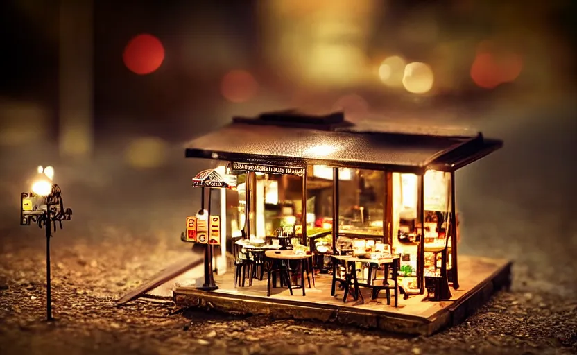 Image similar to mini cafe diorama macro photography, [ [ bokeh lights ] ], ambient, atmospheric photograph