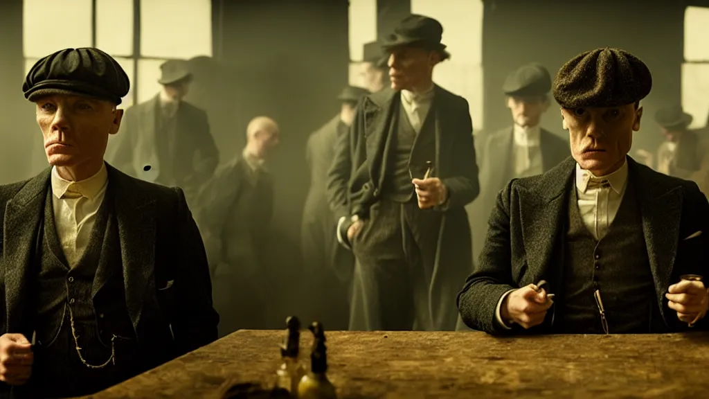 Image similar to the peaky blinders with peanuts heads, film still from the movie directed by denis villeneuve with art direction by zdzis