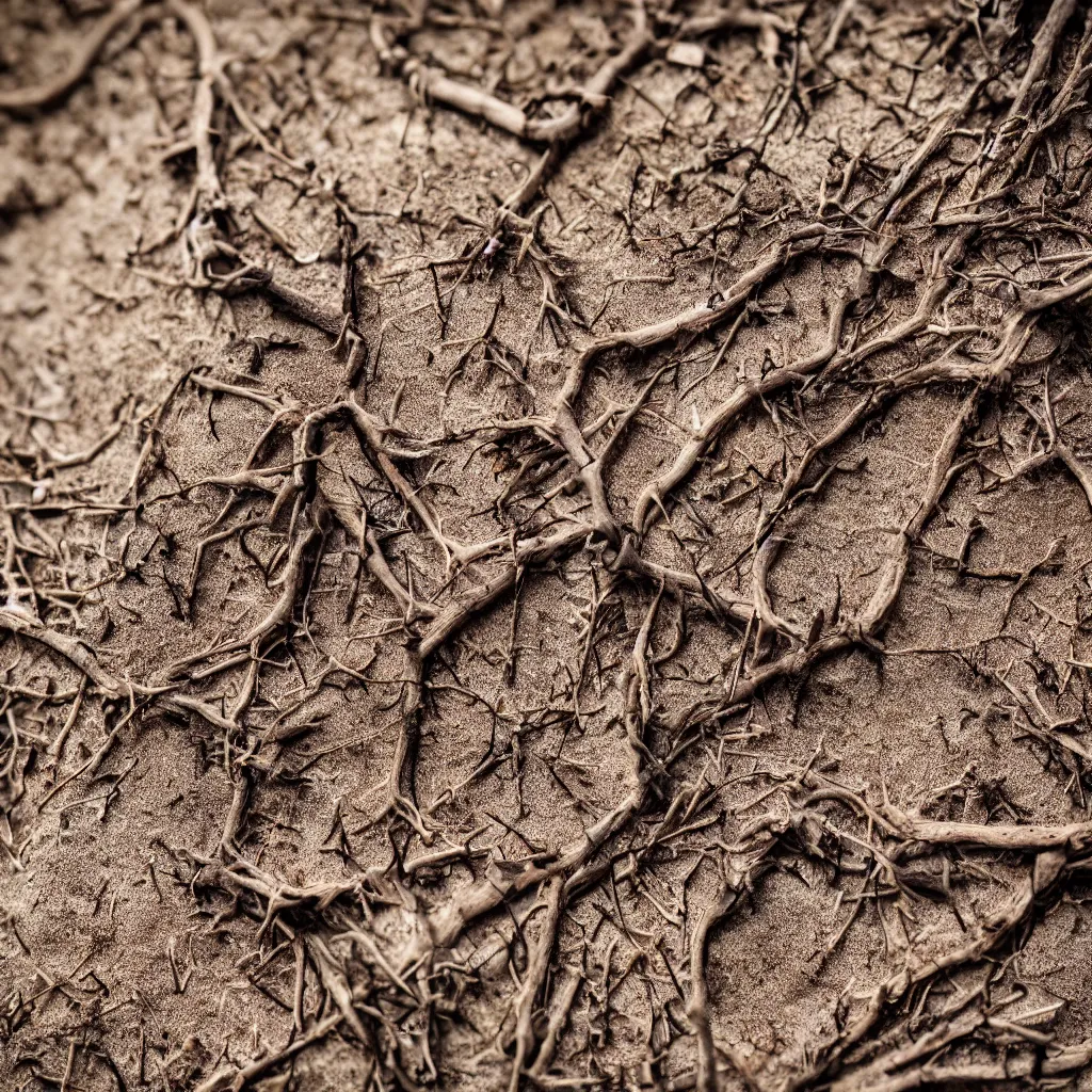 Prompt: macro of a dry and dead branch in a forest of sand and coal, dust, wind, dirt, advertising photography