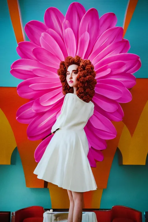 Image similar to giant flower head, frontal, girl standing in mid century hotel, surreal, symmetry, bright colors, cinematic, wes anderson