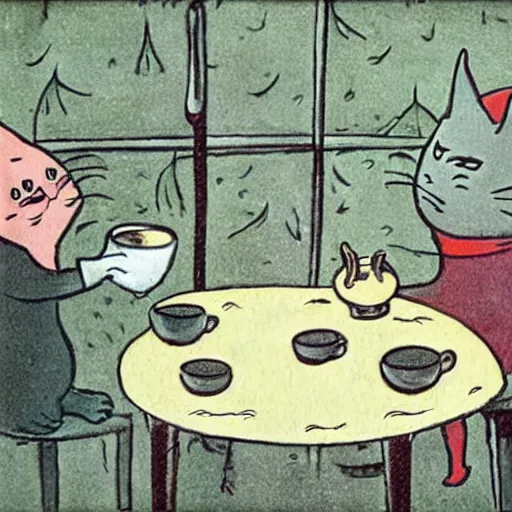 Prompt: cats drinking coffee, amongst coffee bean rain, illustrated in styles of Maurice Sendak, Tove Jansson