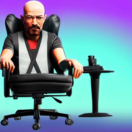 Image similar to realistic gamer walter white on a gaming chair playing fortnite