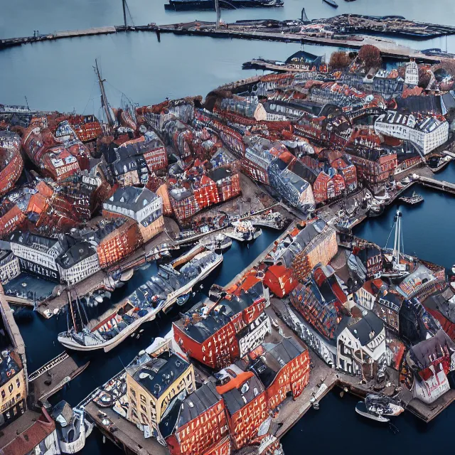 Image similar to copenhagen denmark with new england colonial buildings on a harbor, cinematic, volumetric, realistic, cinematic lighting, ray tracing, unreal engine 5, octane render, hyper realistic, photo, 8 k