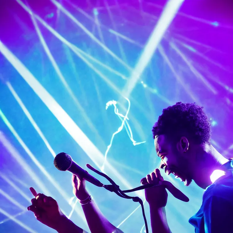 Image similar to rapper using microphone, laughing, epic angle, profile view, silhouetted, distinct, psychedelic hip-hop, laser light show, beams of light