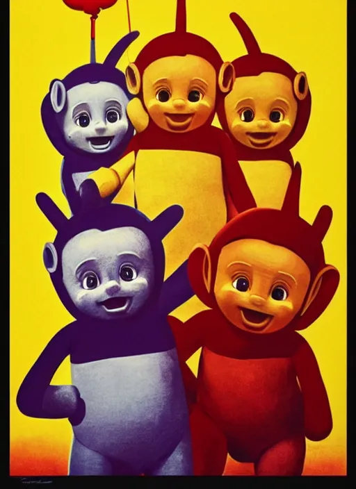 Image similar to teletubbies horror movie poster, high details, minimalist, by vincent di fate, artgerm julie bell beeple, 1960s, vintage 60s print, screen print