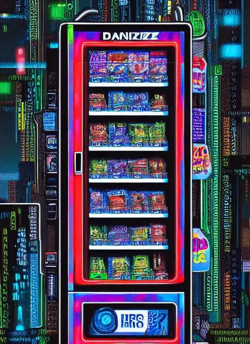 Prompt: hyper detailed digital painting of a cyberpunk vending machine, danguiz