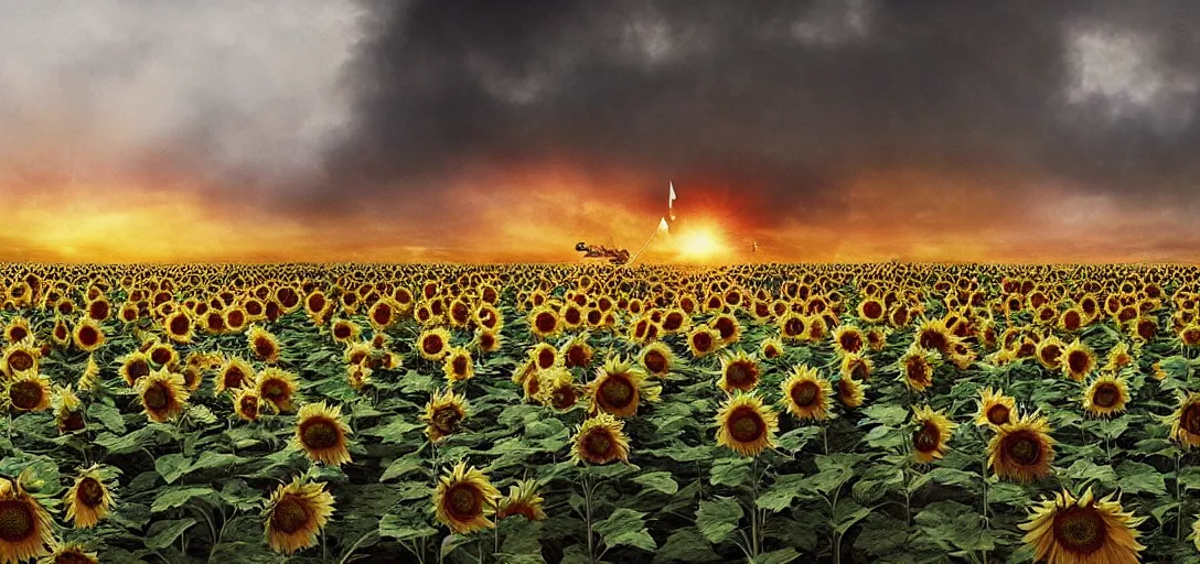 Prompt: the battle of the Somme with one single sunflower, cinematic shot, hyper realistic, hyper detailed