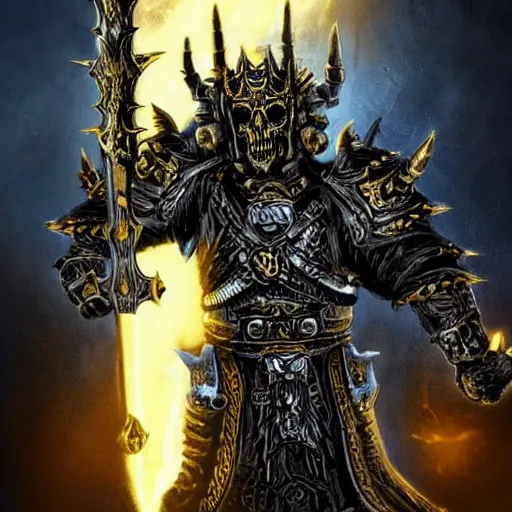 Image similar to lich king wearing black and gold armor with skulls and chains, holding a two handed sword with golden handle, wearing spiky helmet with mask