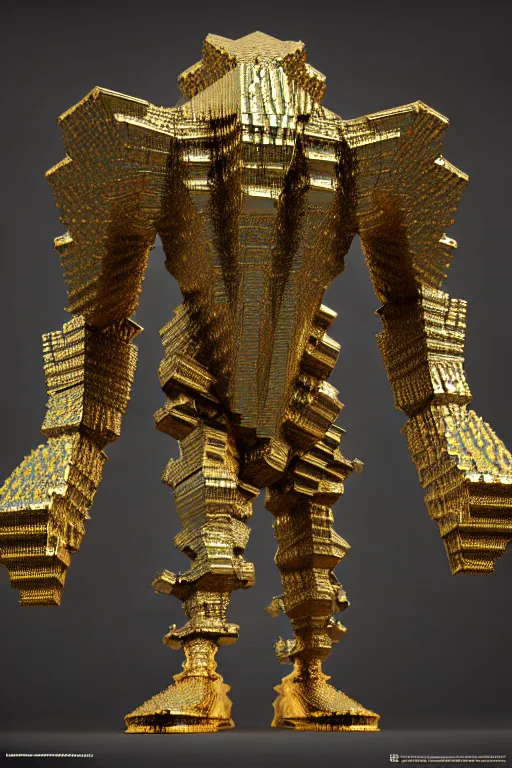 Image similar to concept art of fractal patterned bismuth golem, consists of metallic bismuth fractalization, extremely high details, masterpiece, photorealistic, hyperrealism, vray, octane render, volumetric lighting, depth of field, bokeh, artstation, cgsociety by johannen voss, greg broadmore