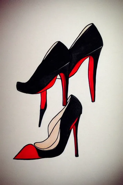 Prompt: black high heels with red bottoms, illustration, graphic design, high fashion, elegant, color pencil drawing, pop art style,