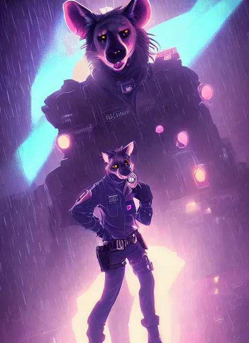 Image similar to beautiful portrait commission of a female furry anthro hyena fursona wearing a police uniform. Cyberpunk city at night in the rain. Neon light. Atmospheric. Character design by charlie bowater, ross tran, artgerm, and makoto shinkai, detailed, inked, western comic book art