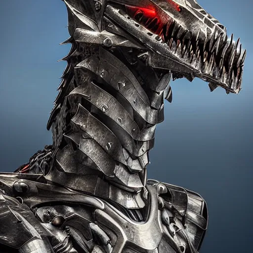 Image similar to chest up bust shot, realistic detailed stunning beautiful armored anthropomorphic humanoid robot female dragon, looking to the side with an elegant pose, smooth and streamlined armor and design made of steel, sharp claws and sharp teeth, high quality head, Slick LEDs, standing on two legs, on the beach during sunset, high quality, cinematic art, sci fi, sunset lighting, 3D render, 8k, artstation, deviantart, furaffinity