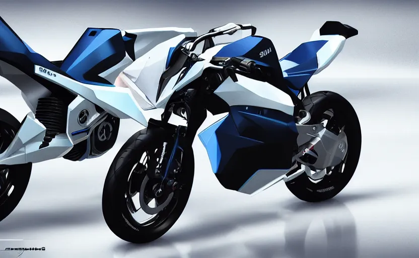 Prompt: futuristic suzuki, dakar motorbike, symmetrical mechanical features, designed by professional artist, fog, industrial design, northen lights background, brushed white and blue paint, black wheel rims, hard surfaces modelling, show room scene, dramatic lighting, hyper realistic rendering, octane, depth of field, bokeh effect, 1 5 0 mm, 4 k