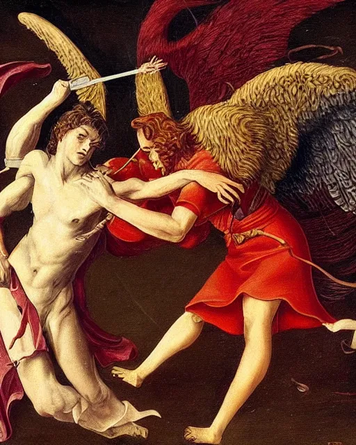 Image similar to devil fights angel, high detail, extremely detailed, very sharp, in the style of jost amman,