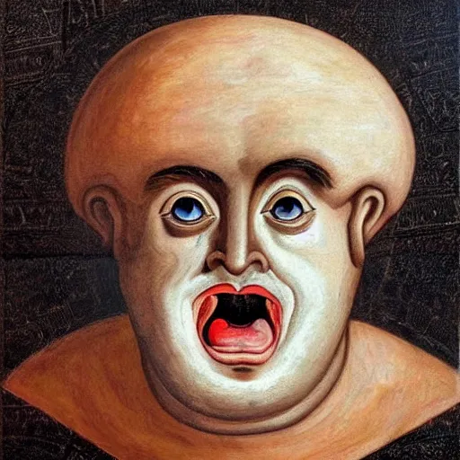 Image similar to portrait of ancient silly greek man with big eyes and sharp nose and open mouth. fine detail. artistic painting by lurid